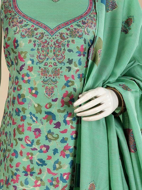 Exotic India Three Piece Kani Jamawar Salwar Kameez Fabric From Amritsar With Dupatta And Zari Woven Vines 