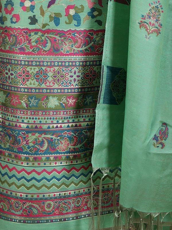 Exotic India Three Piece Kani Jamawar Salwar Kameez Fabric From Amritsar With Dupatta And Zari Woven Vines 