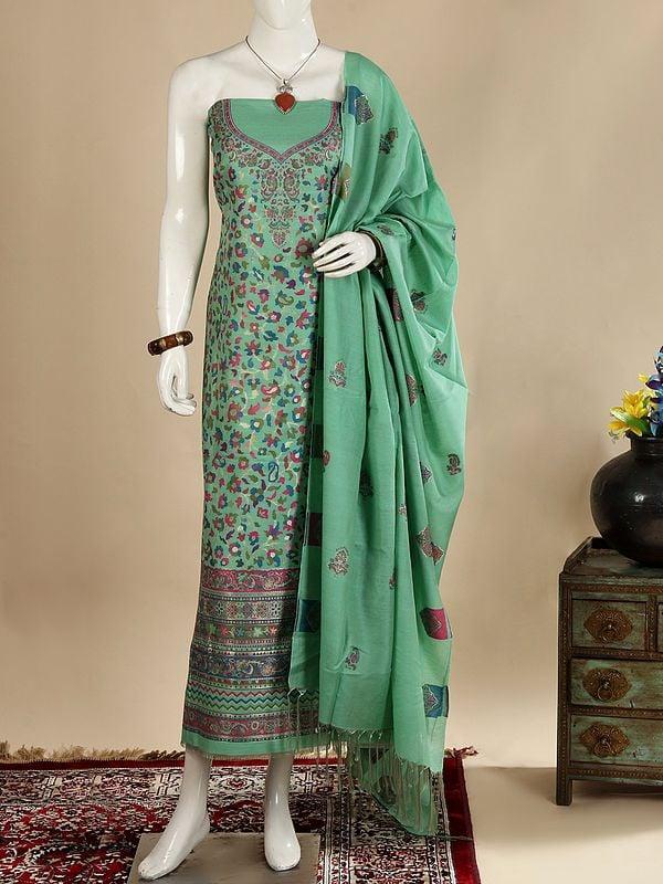 exotic india Three Piece Kani Jamawar Salwar Kameez Fabric from Amritsar with Dupatta and Zari Woven Vines 