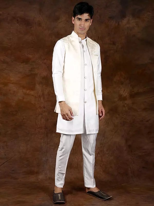 Exotic India Three-Piece Kurta Pajama Set With Brocaded Front Open Waistcoat 
