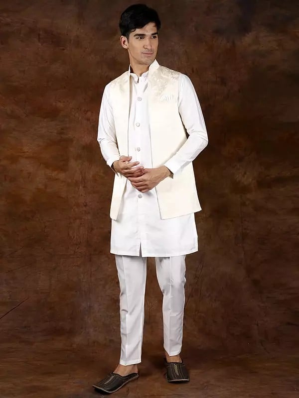 Exotic India Three-Piece Kurta Pajama Set With Brocaded Front Open Waistcoat 