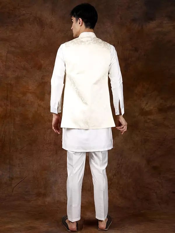 Exotic India Three-Piece Kurta Pajama Set With Brocaded Front Open Waistcoat 