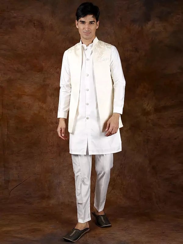 exotic india Three-Piece Kurta Pajama Set with Brocaded Front Open Waistcoat 