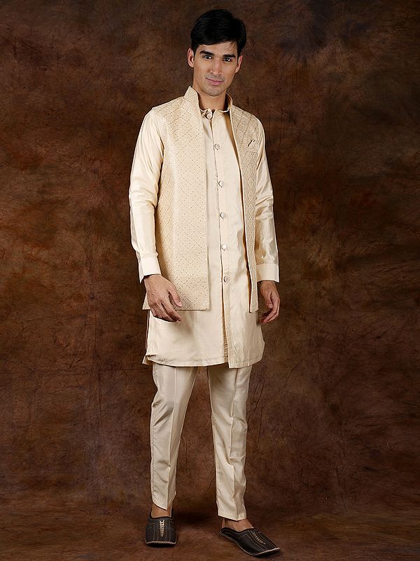 Exotic India Three-Piece Wedding Kurta Pajama Set With Front Open Embroidered Jacket 