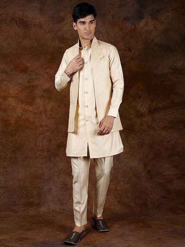 Exotic India Three-Piece Wedding Kurta Pajama Set With Front Open Embroidered Jacket 