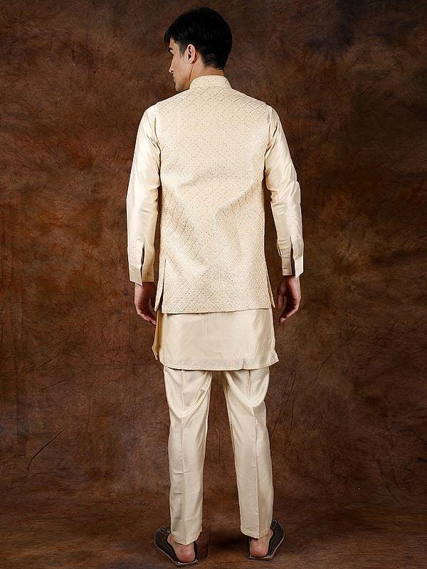 Exotic India Three-Piece Wedding Kurta Pajama Set With Front Open Embroidered Jacket 