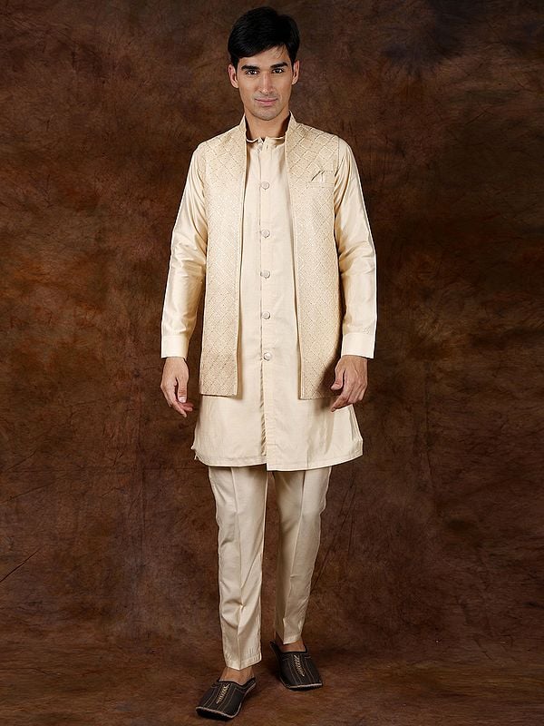 exotic india Three-Piece Wedding Kurta Pajama Set with Front Open Embroidered Jacket 
