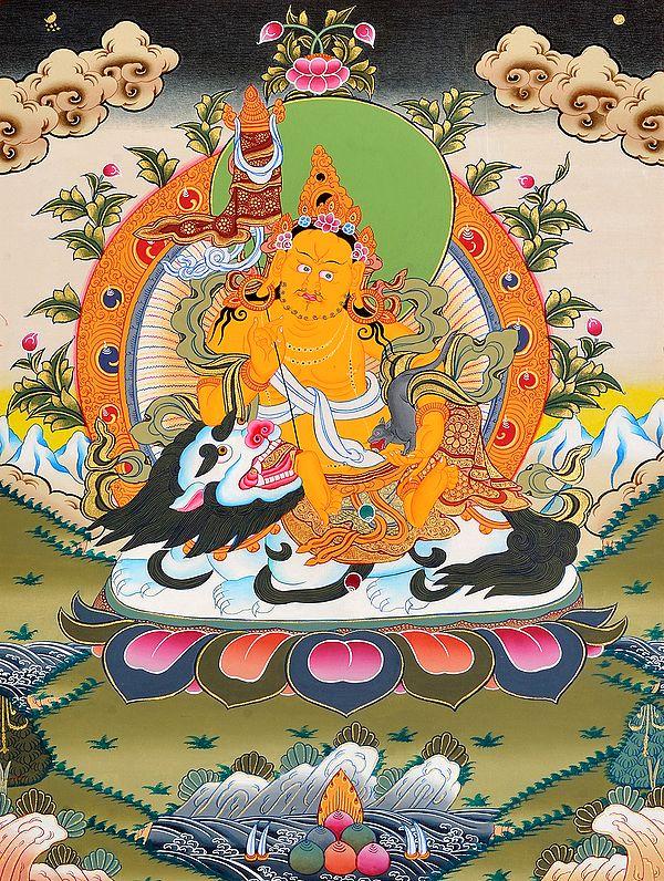 exotic india Tibetan Buddhist Deity Vaishravana (Kubera) Seated on White Snow Lion with a Banner of Victory and Mongoose 