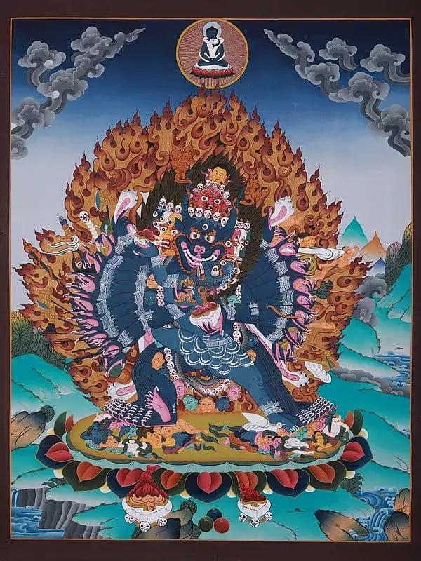 exotic india Tibetan Buddhist Mahakala (Yamantaka) | Brocadeless Thangka Painting 