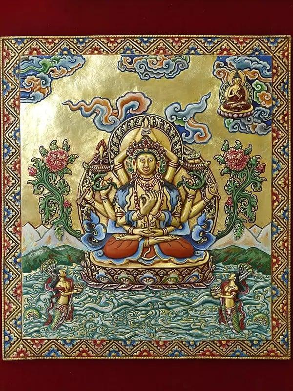 Exotic India Tibetan Buddhist Namsangati Wall Hanging Thangka Frame Glitted In Copper 