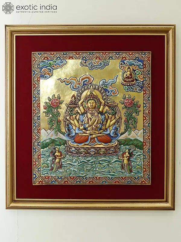 exotic india Tibetan Buddhist Namsangati Wall Hanging Thangka Frame Glitted In Copper 