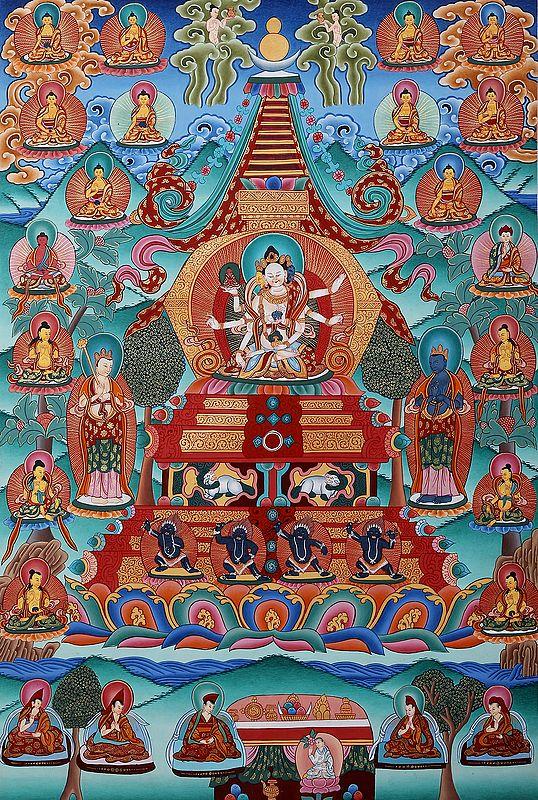 exotic india Tibetan Buddhist Vijaya Stupa: For Long Life of The Patron (Brocadeless Thangka) 