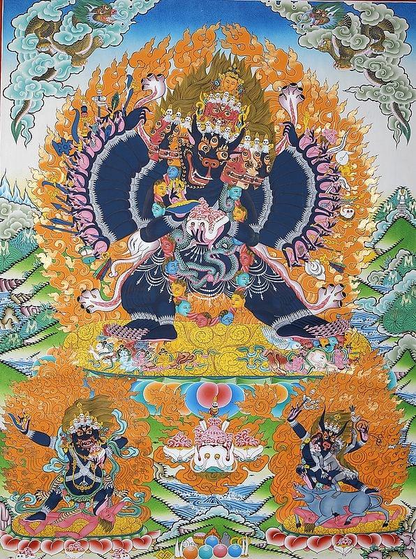 exotic india Tibetan Buddhist Yamantaka Ekavira (Vajrabhairava) - Large Brocadeless Thangka 