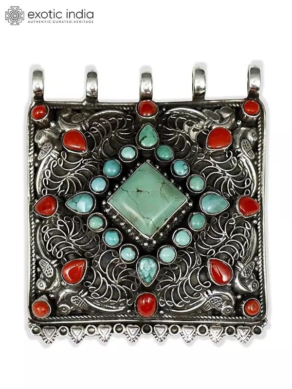 Exotic India Tibetan Filigree Pendant With Turquoise And Coral 