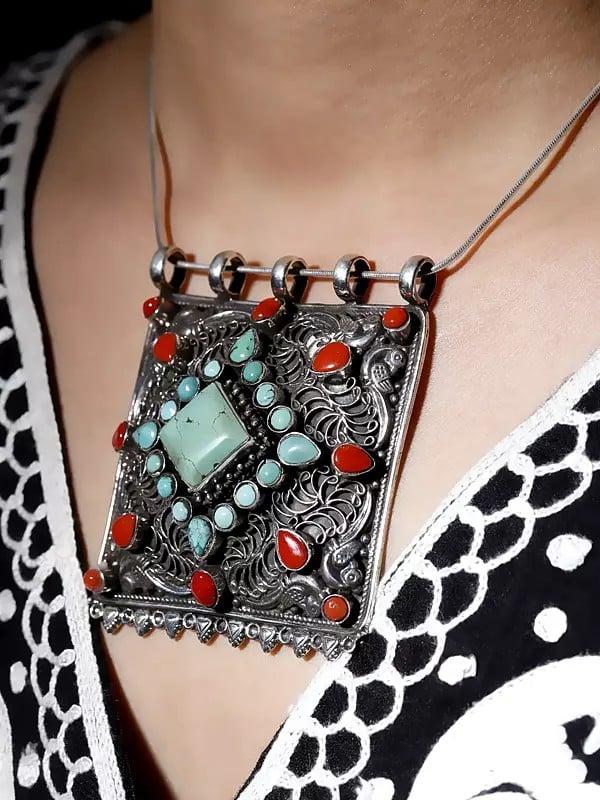 Exotic India Tibetan Filigree Pendant With Turquoise And Coral 
