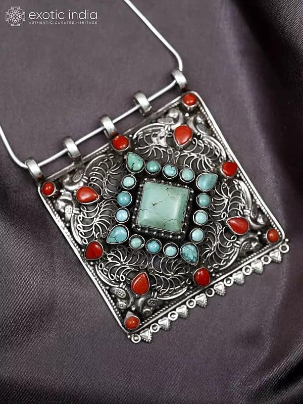 exotic india Tibetan Filigree Pendant with Turquoise and Coral 