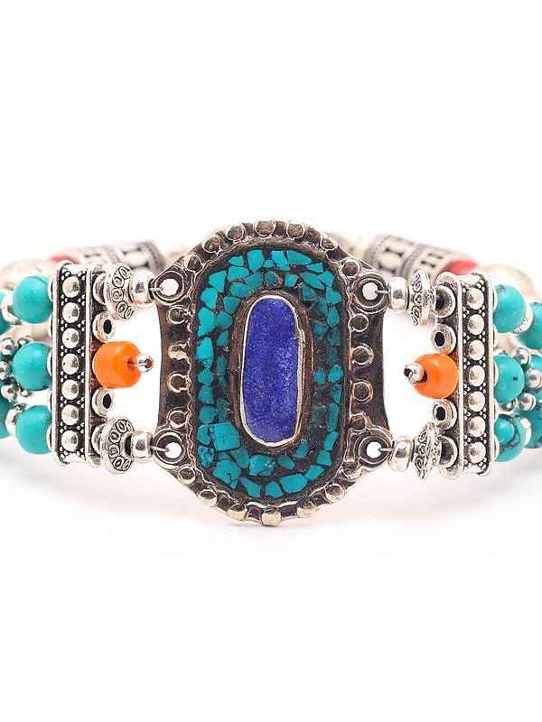 Exotic India Tibetan Style Multi Stone Bracelet With Lobster Claw Lock 