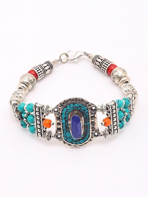 Exotic India Tibetan Style Multi Stone Bracelet With Lobster Claw Lock 
