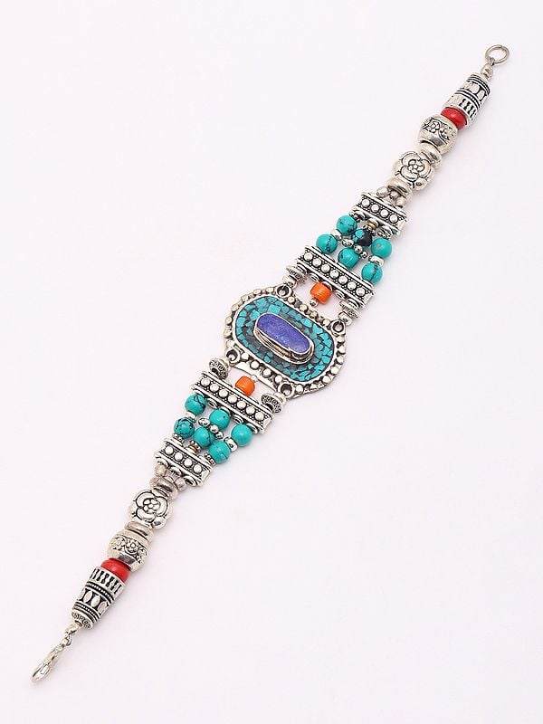 Exotic India Tibetan Style Multi Stone Bracelet With Lobster Claw Lock 