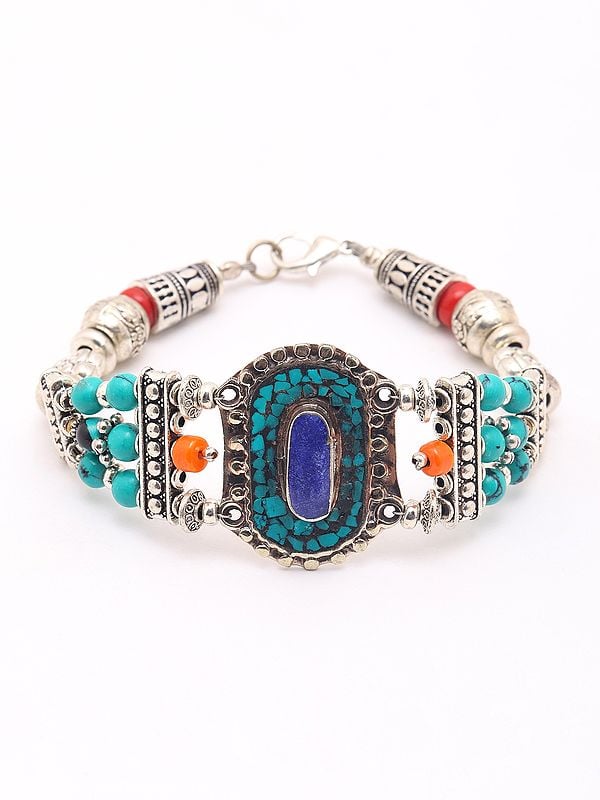 exotic india Tibetan Style Multi Stone Bracelet with Lobster Claw Lock 