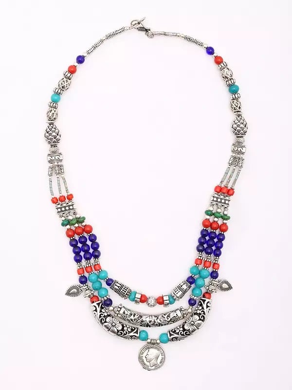 Exotic India Tibetan Style Multicolor Stone Beads Necklace With Sixpence Coin 