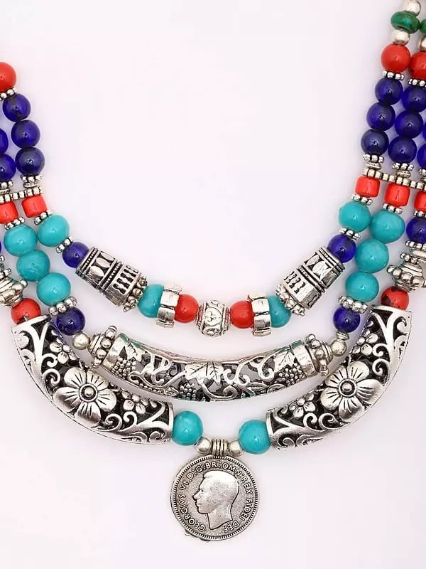 Exotic India Tibetan Style Multicolor Stone Beads Necklace With Sixpence Coin 