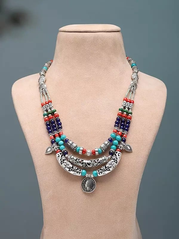 exotic india Tibetan Style Multicolor Stone Beads Necklace with Sixpence Coin 