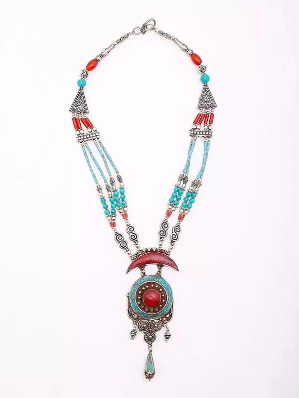 Exotic India Tibetan Style Necklace With Imitation Coral And Turquoise Stone 