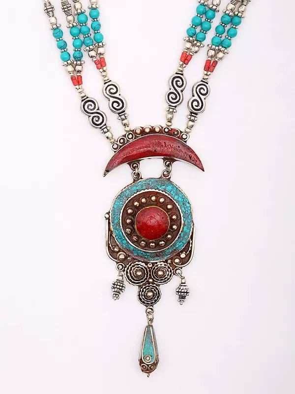 Exotic India Tibetan Style Necklace With Imitation Coral And Turquoise Stone 