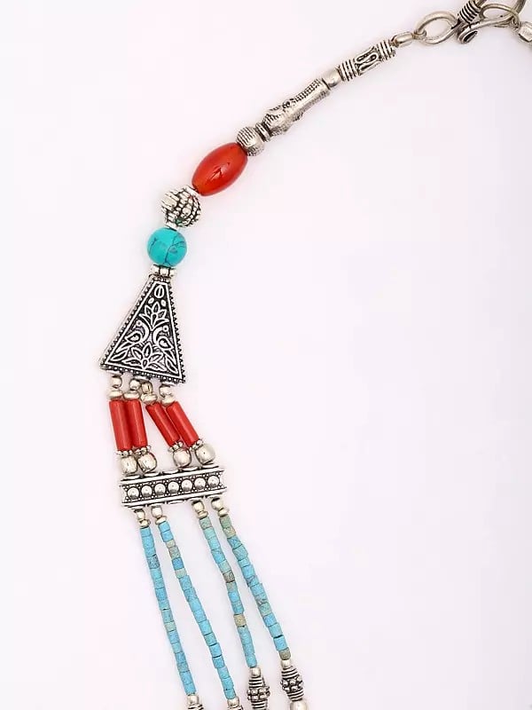 Exotic India Tibetan Style Necklace With Imitation Coral And Turquoise Stone 