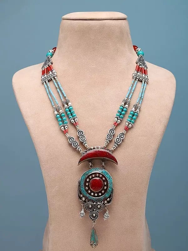 exotic india Tibetan Style Necklace with Imitation Coral and Turquoise Stone 