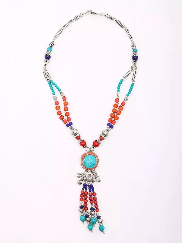 Exotic India Tibetan Style Red And Blue Stone Long Necklace 