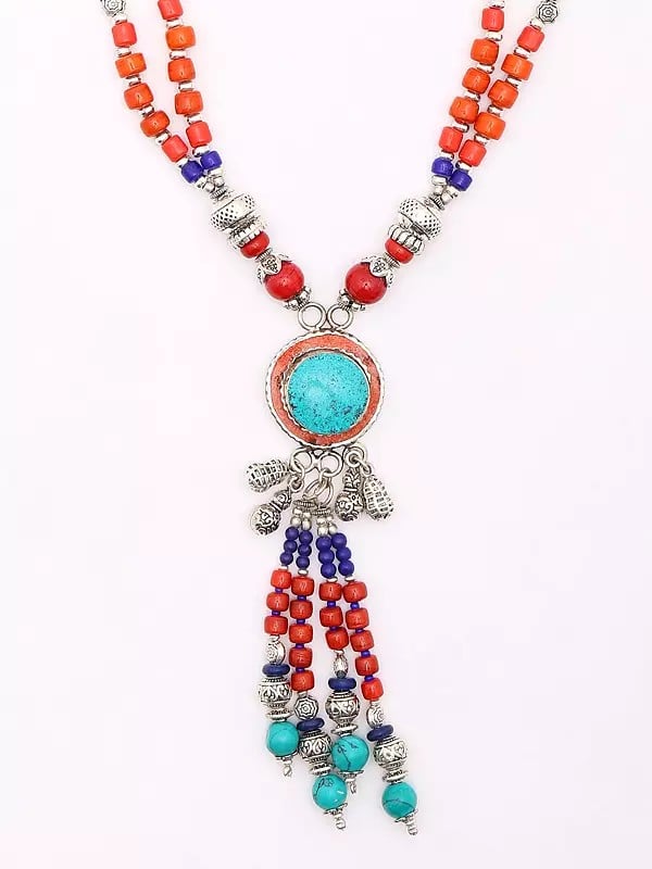 Exotic India Tibetan Style Red And Blue Stone Long Necklace 