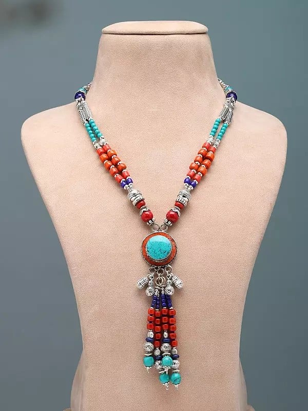 exotic india Tibetan Style Red and Blue Stone Long Necklace 