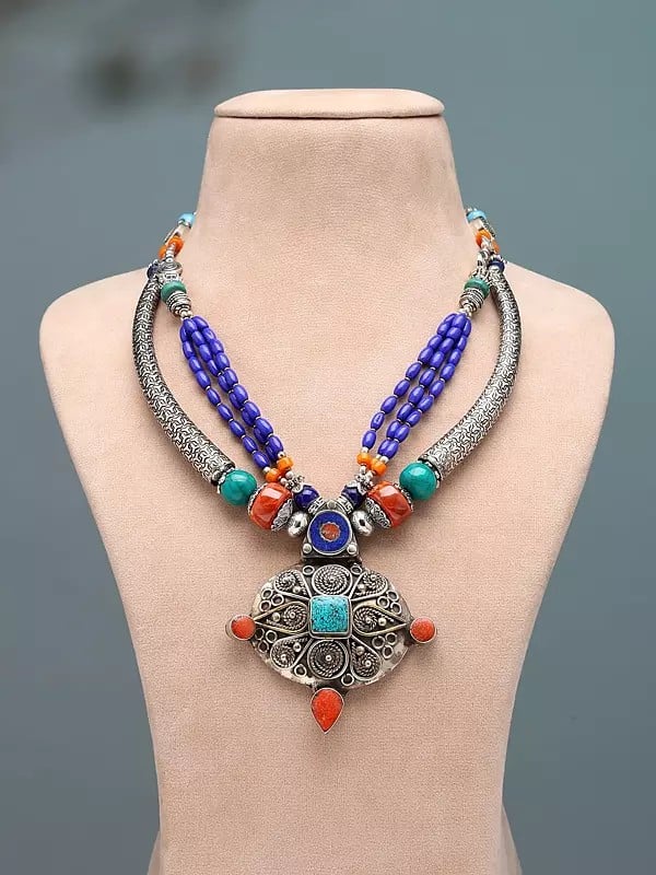 exotic india Tibetan Style Stone Studded and Beaded Necklace 