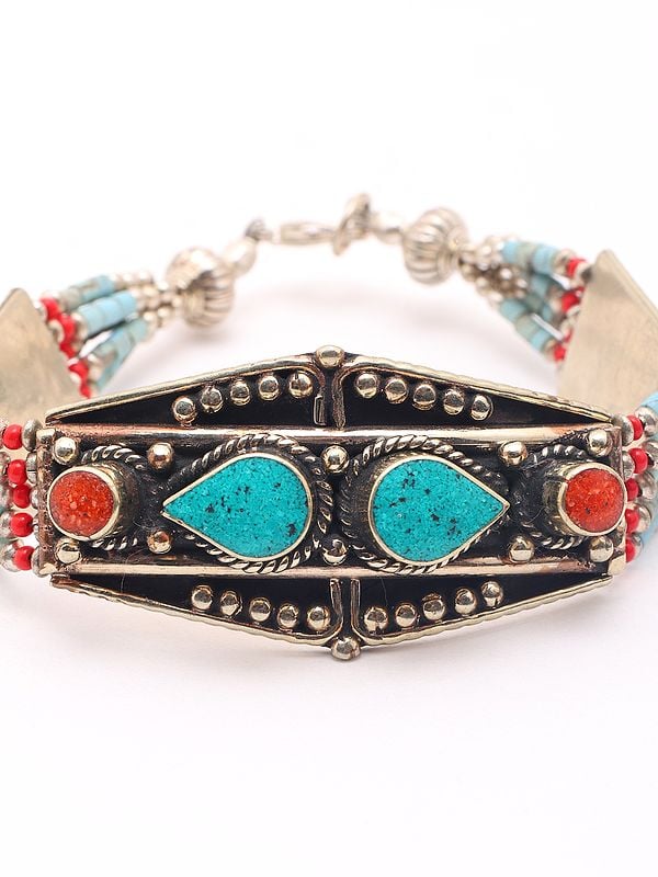 Exotic India Tibetan Style Stone Studded Bracelet With Lobster Claw Lock 