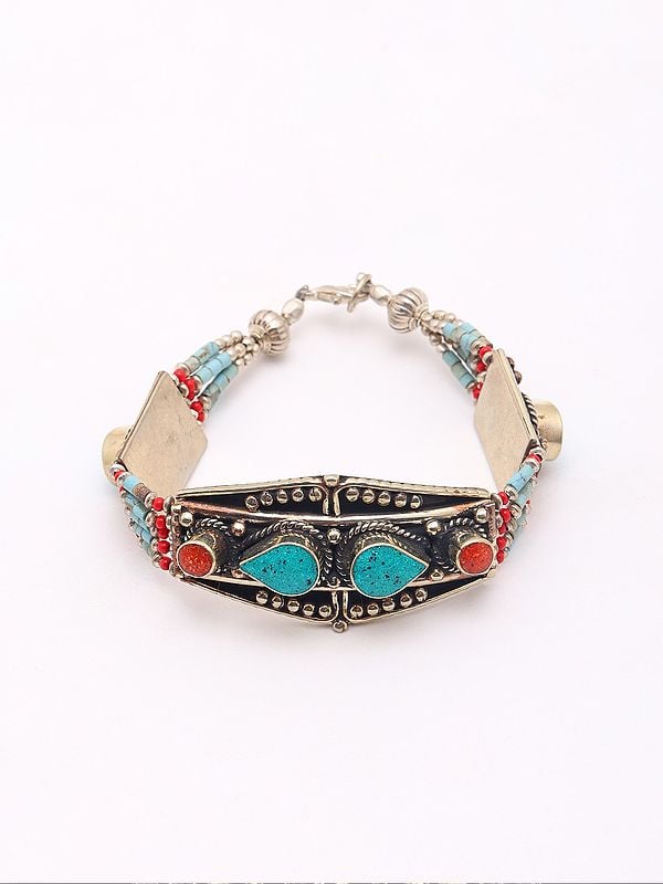 Exotic India Tibetan Style Stone Studded Bracelet With Lobster Claw Lock 