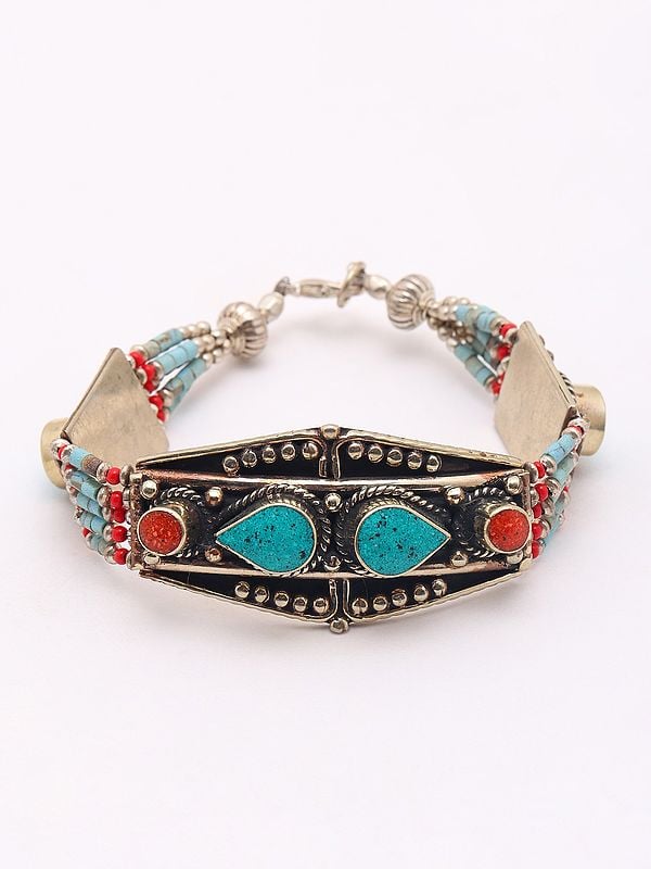 exotic india Tibetan Style Stone Studded Bracelet with Lobster Claw Lock 