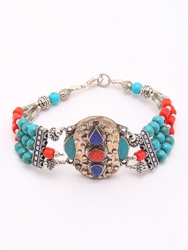 Exotic India Tibetan Style Three Strand Beaded Bracelet 