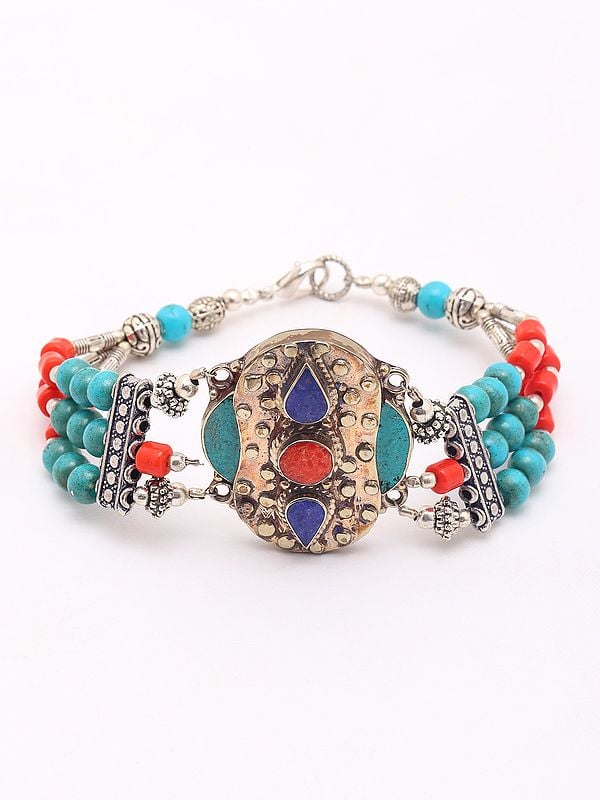 exotic india Tibetan Style Three Strand Beaded Bracelet 