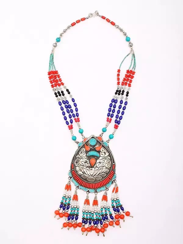 Exotic India Tibetan Tribal Style Multi Stone Beaded Long Necklace 