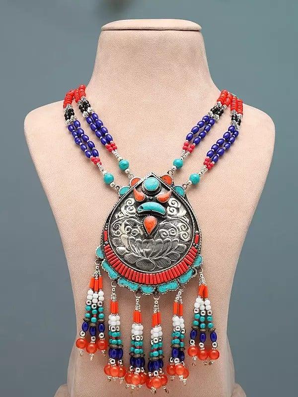 exotic india Tibetan Tribal Style Multi Stone Beaded Long Necklace 