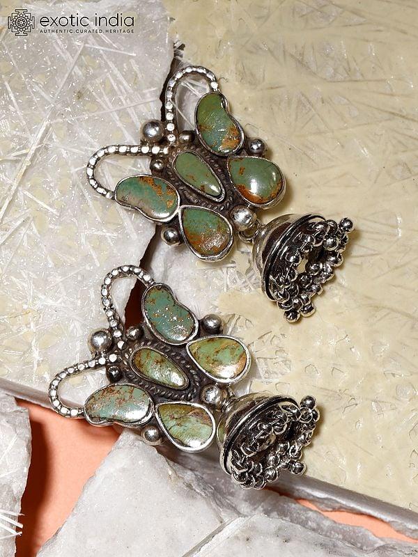 Exotic India Tibetan Turquoise Butterfly Design Jhumki Earrings 
