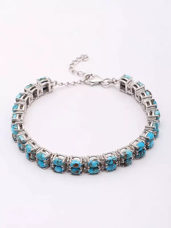 Exotic India Tibetan Turquoise Sterling Silver Tennis Bracelet 