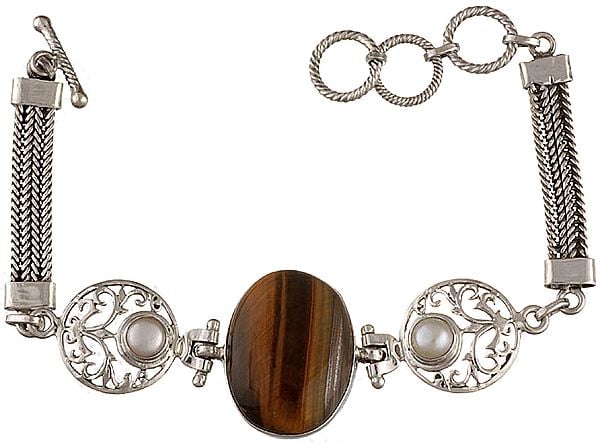 exotic india Tiger Eye Bracelet with Twin Pearl | Pearl Stone Jewelry