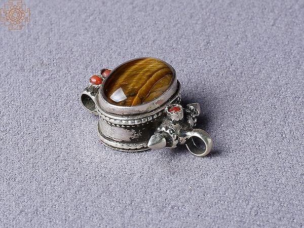 Exotic India Tiger Eye Tibetan Ghau Silver Pendant From Nepal