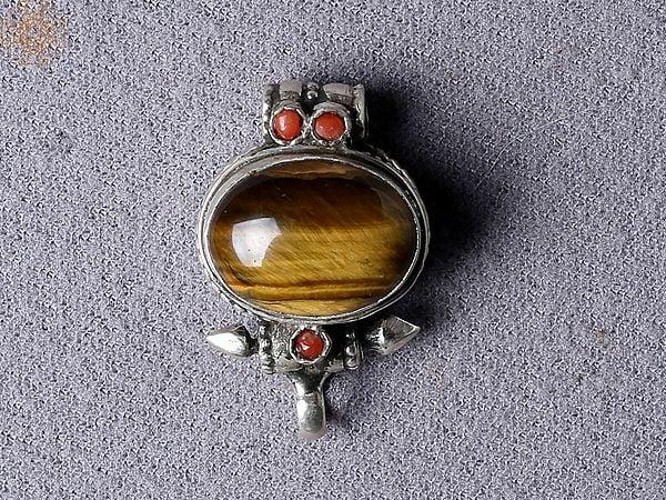 exotic india Tiger Eye Tibetan Ghau Silver Pendant from Nepal