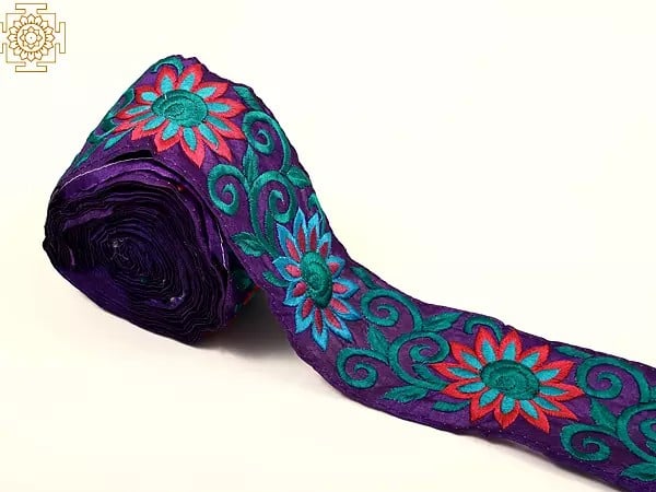 Exotic India Tillandsia Purple Fabric Border With Floral Thread Embroidery 
