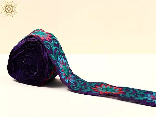 Exotic India Tillandsia Purple Fabric Border With Floral Thread Embroidery 