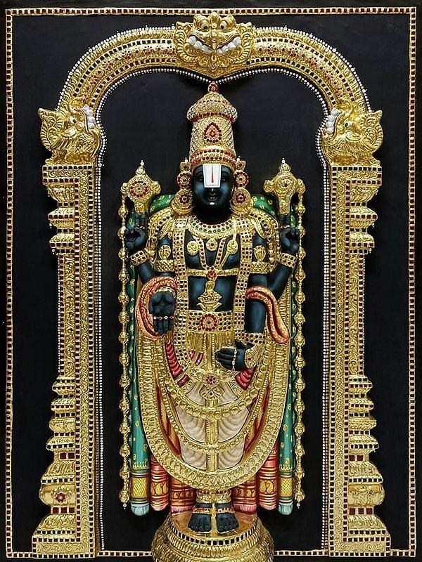 Exotic India Tirupati Balaji (Venkateshvara) | Super Embossed 3D Face Work | Tanjore Painting With Frame